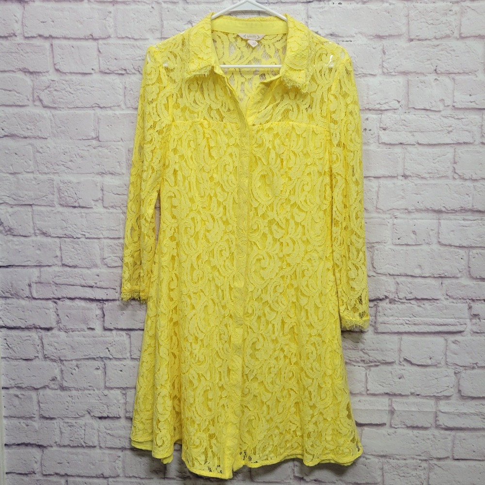 Nanette Lepore Bright Yellow Lace Shirt Dress Size 12 Full Button Collar‎ Lined